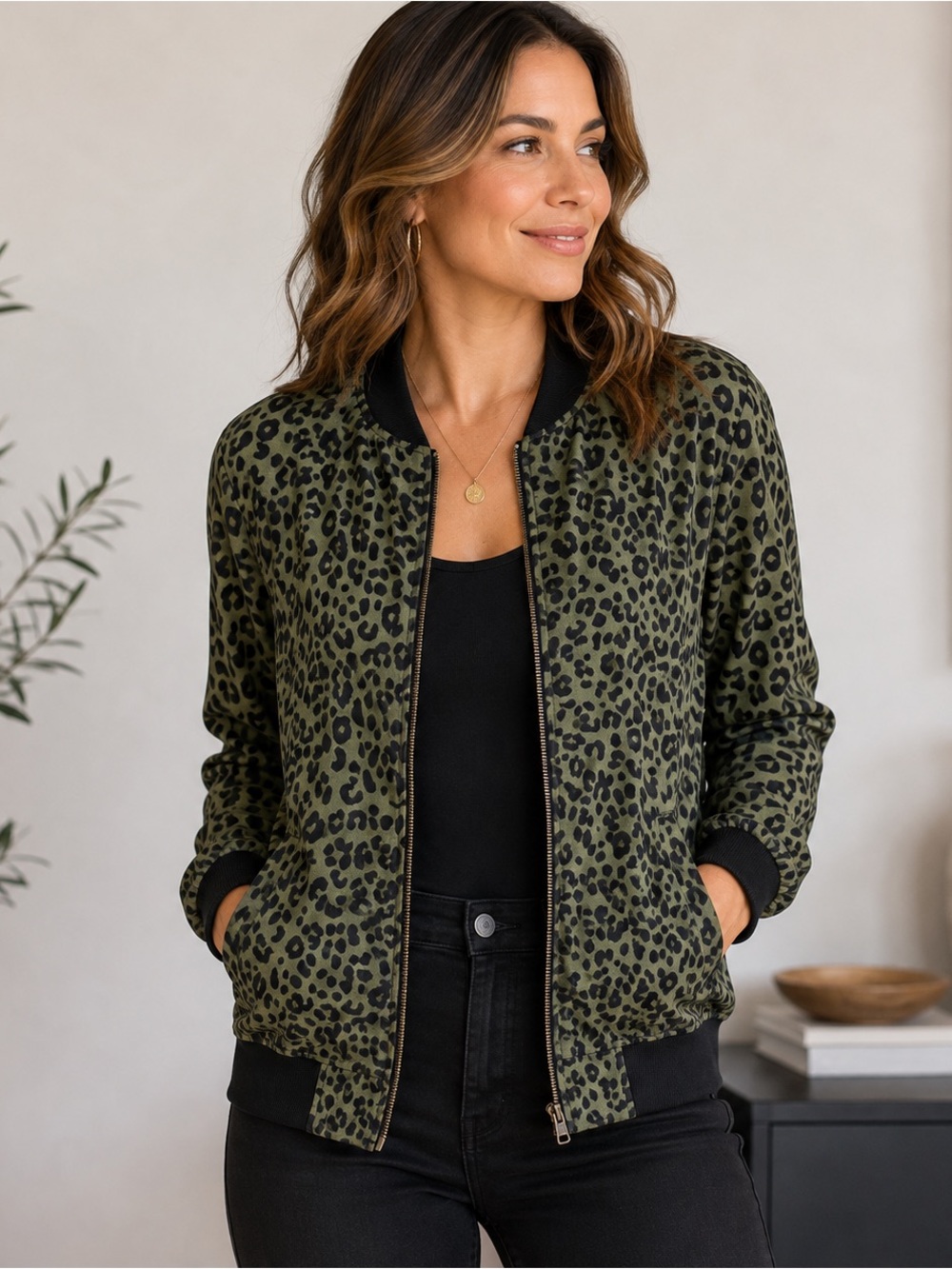 BeachLunchLounge Leopard Print Bomber Jacket Women L Green Black Lightweight